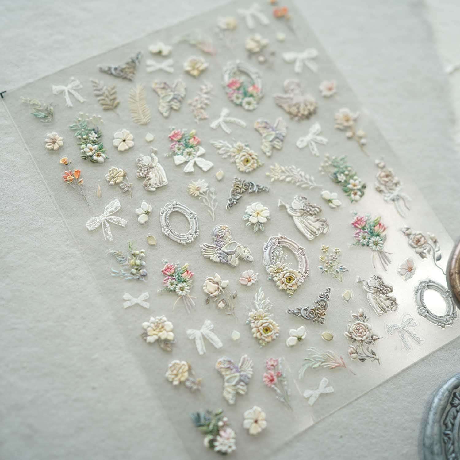 Soft Lace Romantic Flowers Angels 3D Clear-backed Decorative Stickers Sheet