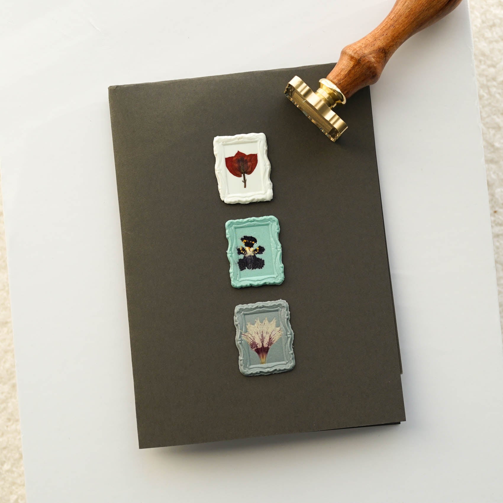 traditional rectangle picture frame wax seal stamp with dried flowers fiona ariva australia