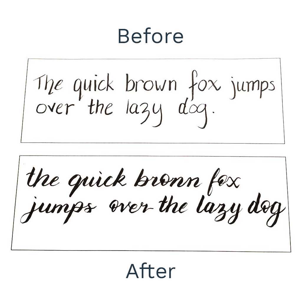 Student brush pen lettering practice from the Fiona Ariva beginner's workbook