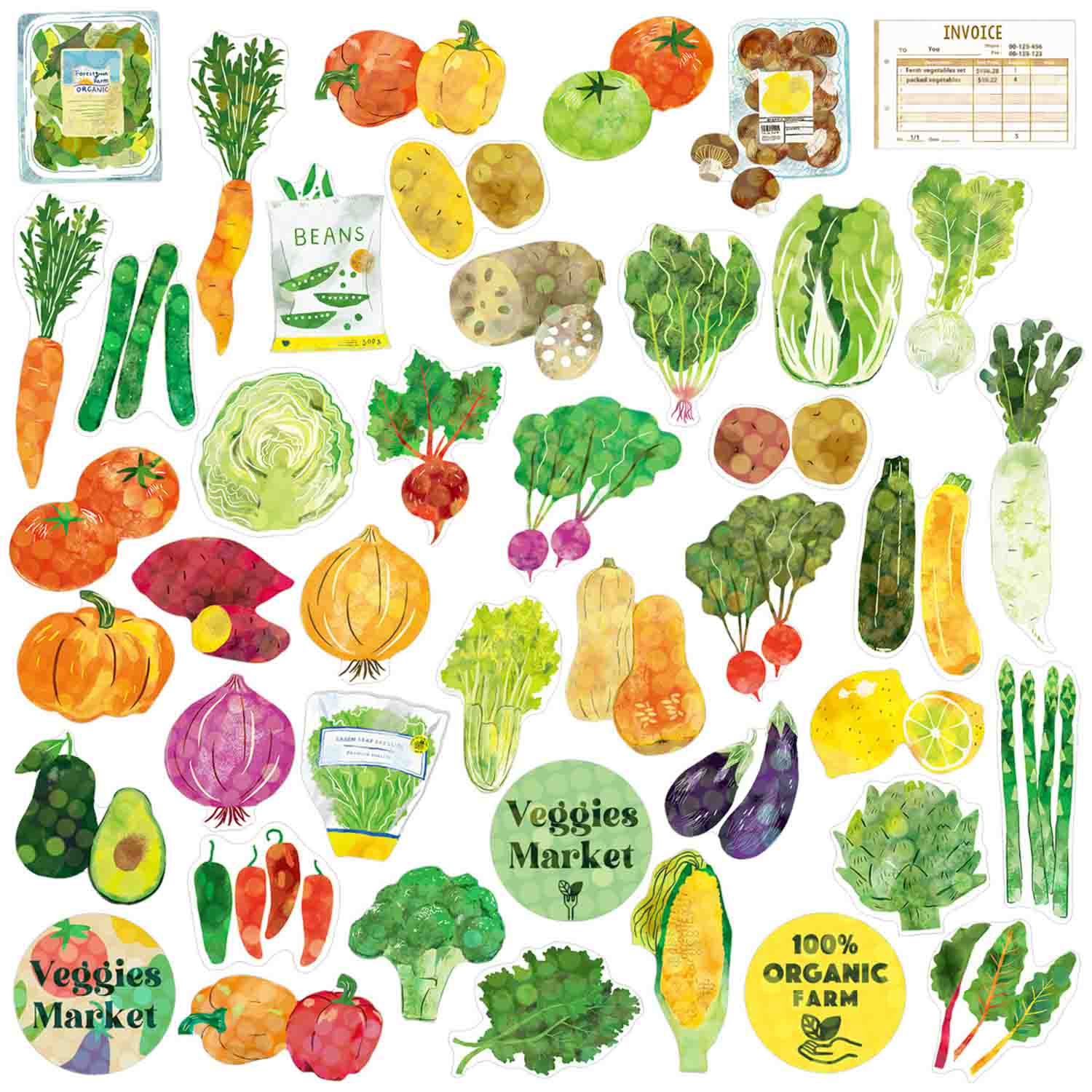 Veggies Market | Small Box of Japanese Flake Stickers | Haco Seal