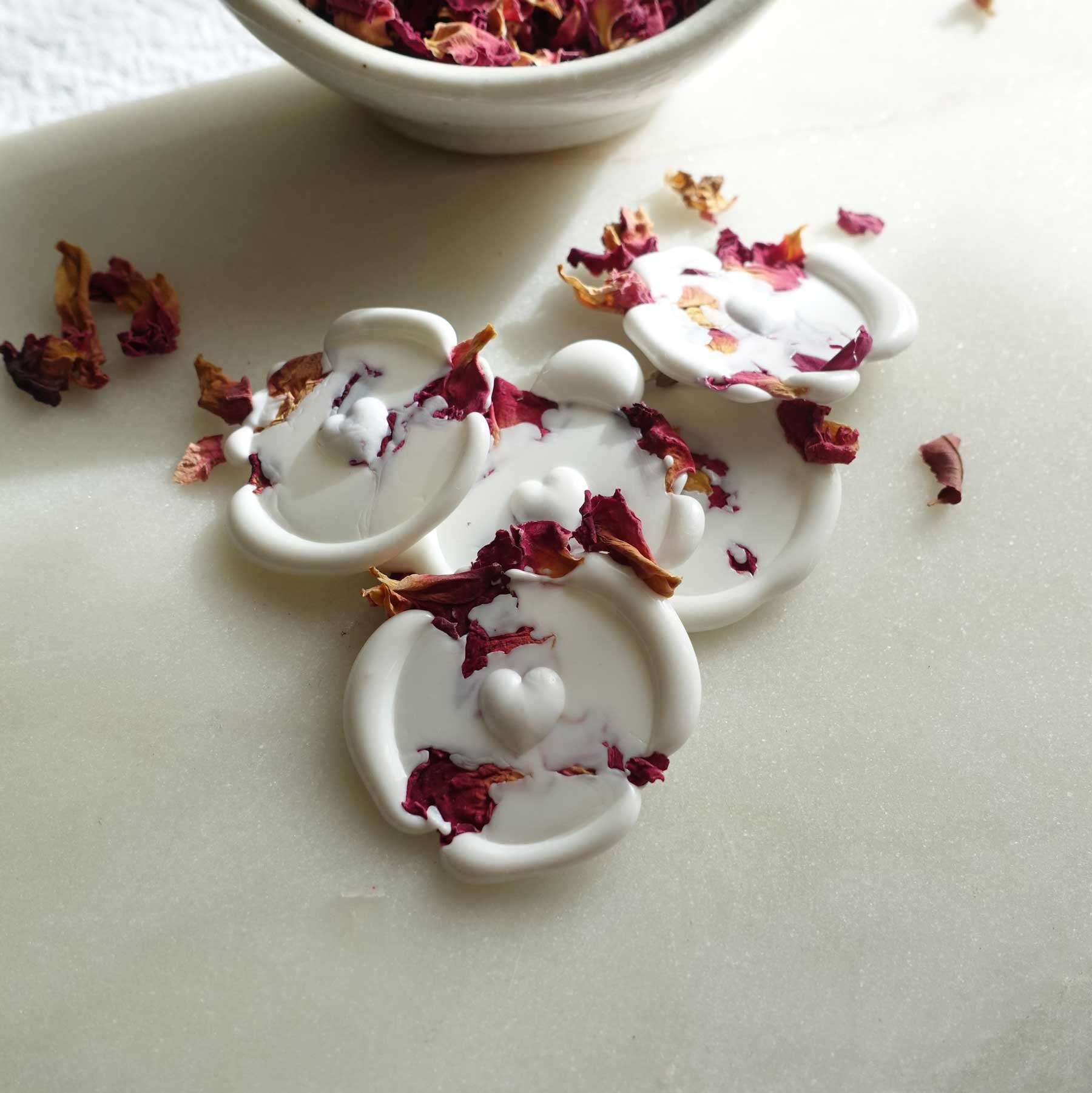 3d love heart wax seal with rose petals and white sealing wax fiona ariva australia