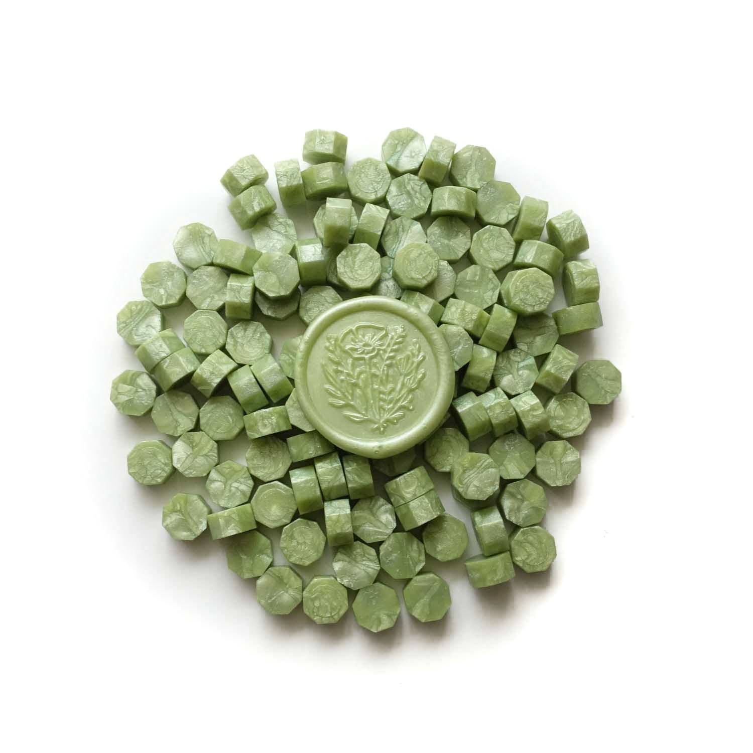 Light pale apple green sealing wax beads with wild flower poppy wax seal Australia