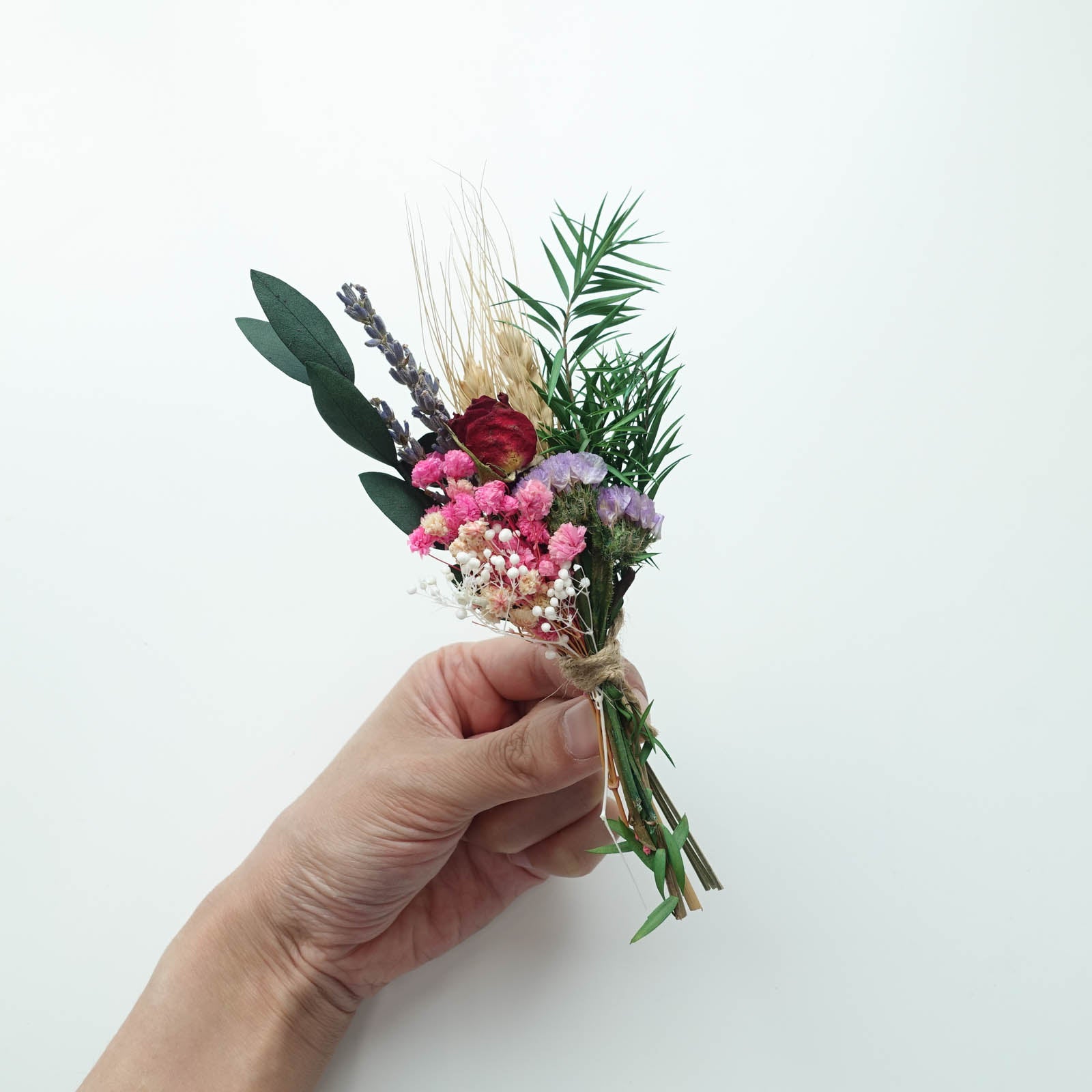 bright pink rose green small mini dried flower arrangement boutonniere wedding wax seal fiona ariva australia baby's breath lavender