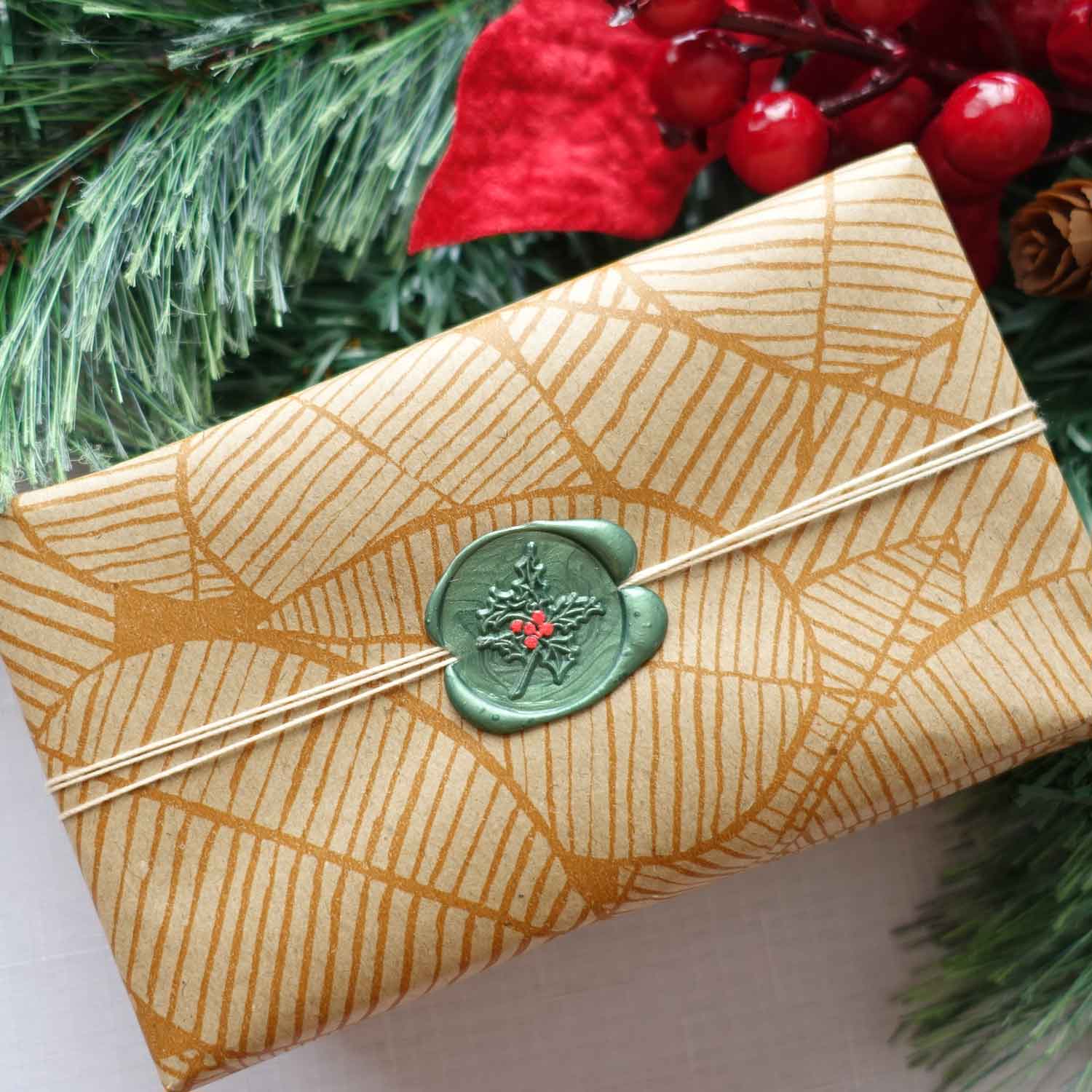 christmas holly green red wax seal present