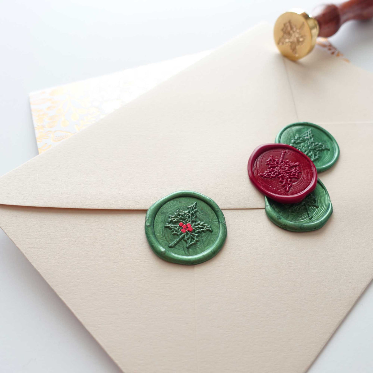 Christmas holly green red wax seals envelope