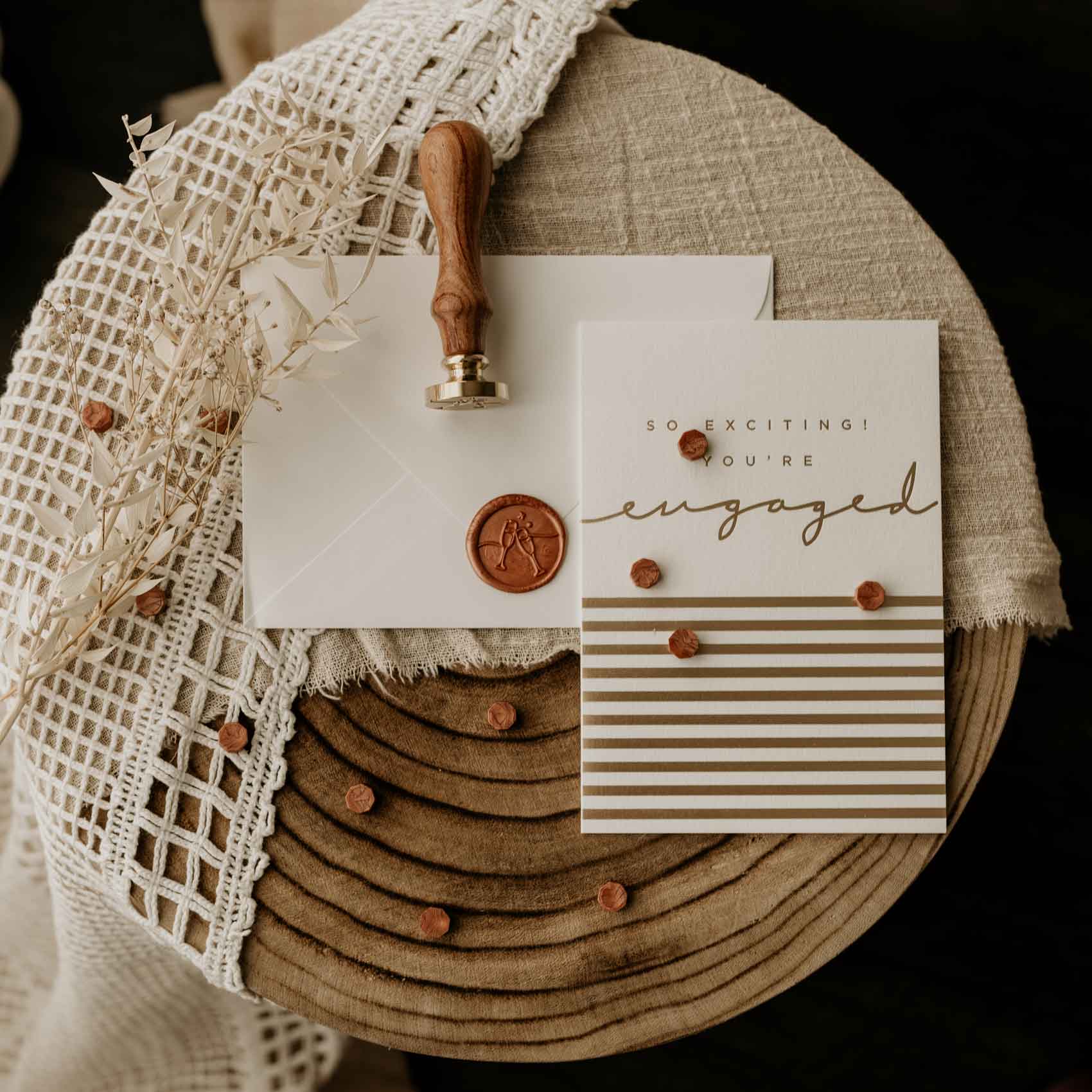 clinking champagne glasses card wax seal