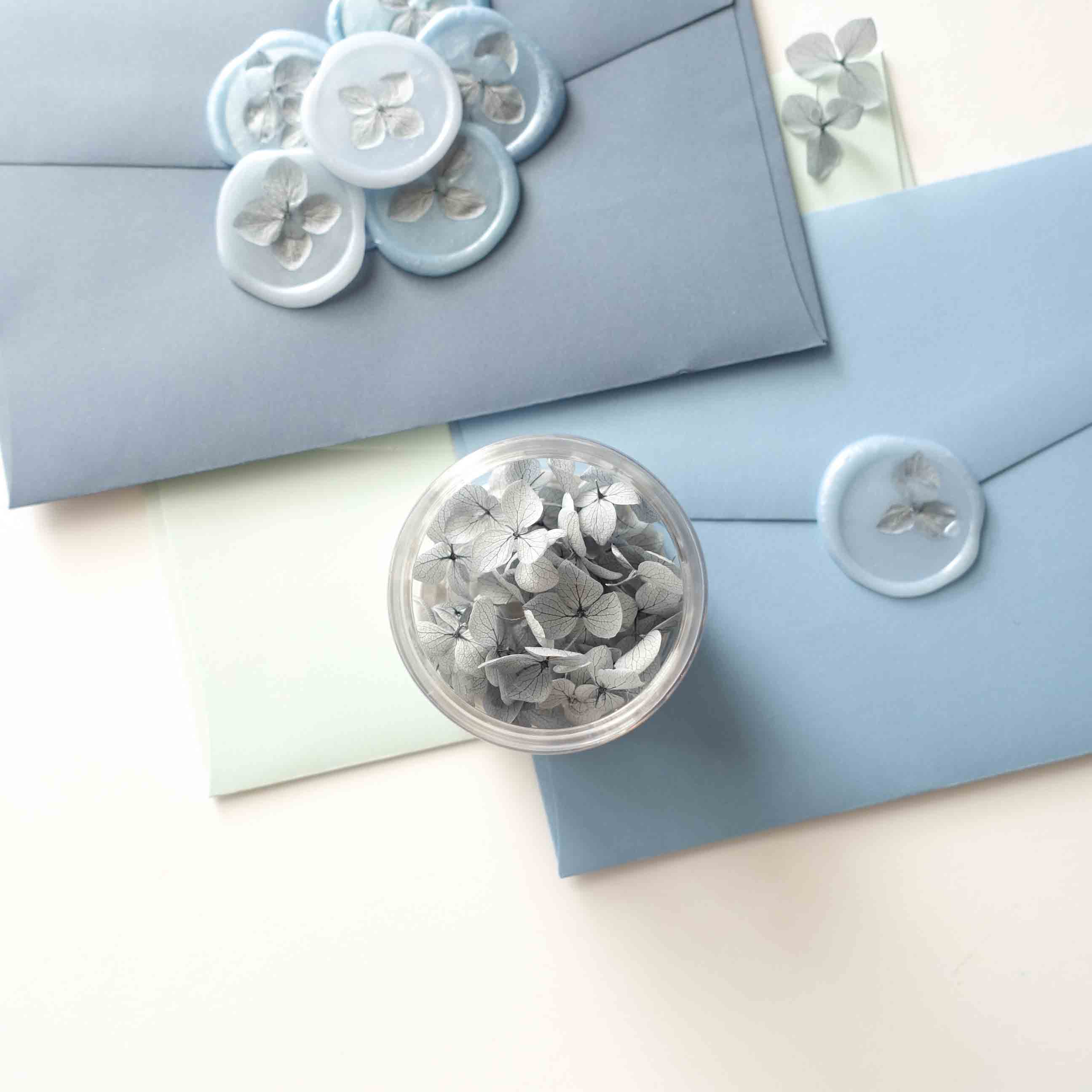 Dusty blue dried hydrangeas flowers for wax seals in a jar Australia Fiona Ariva