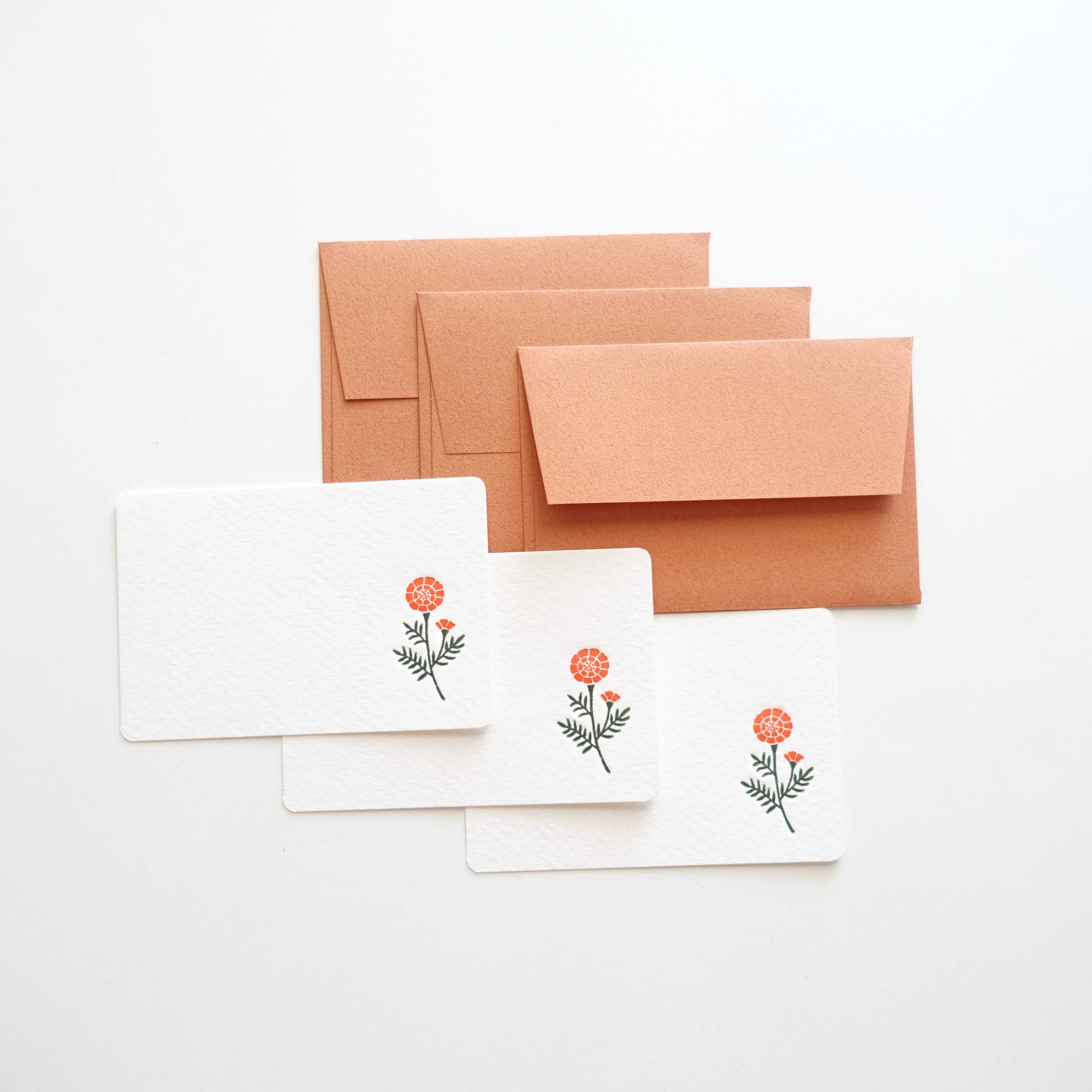marigold flower letterpress mini thank you card small envelopes australia