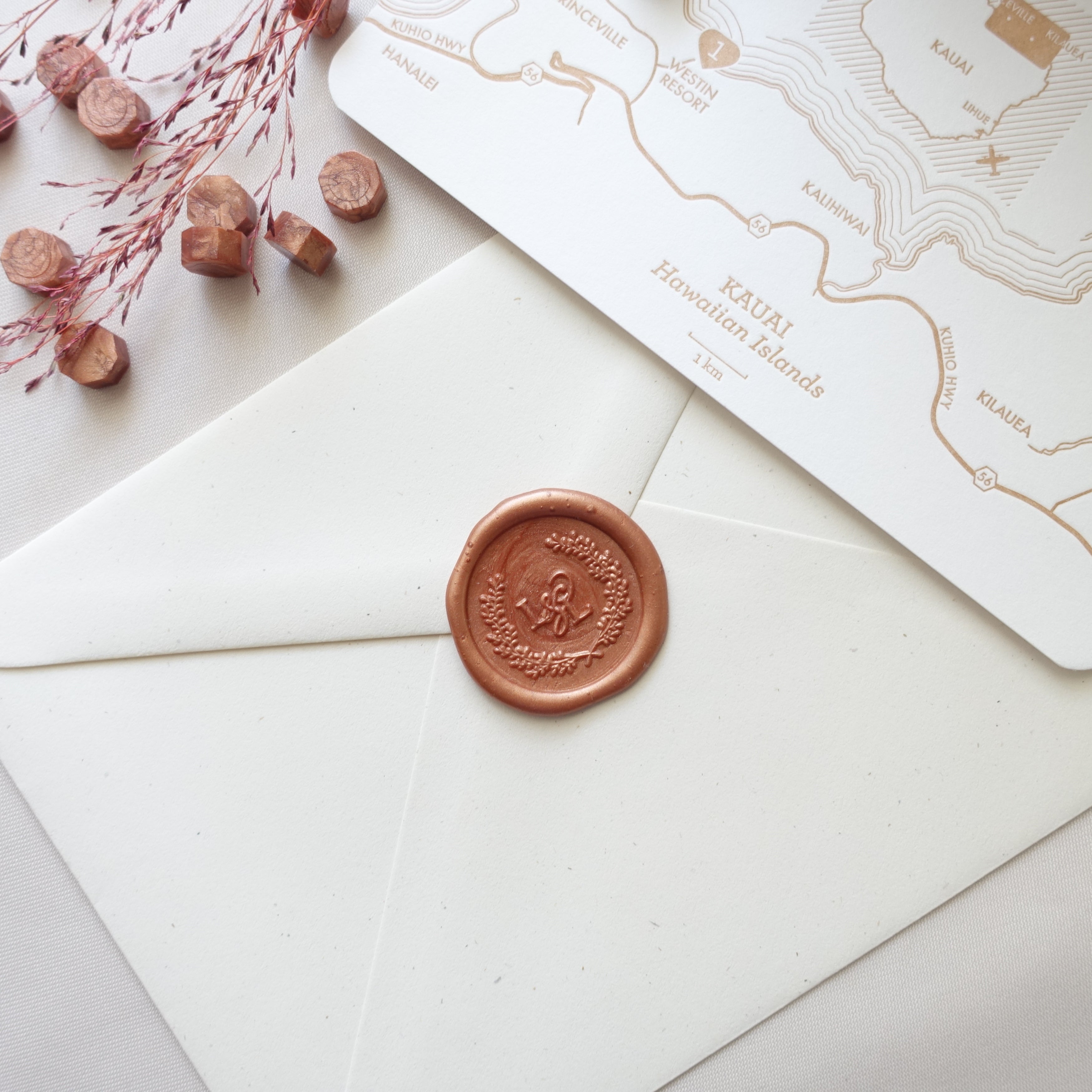 Peach copper wedding invitation envelope sealing wax beads with wreath wedding monogram custom wax seal Australia