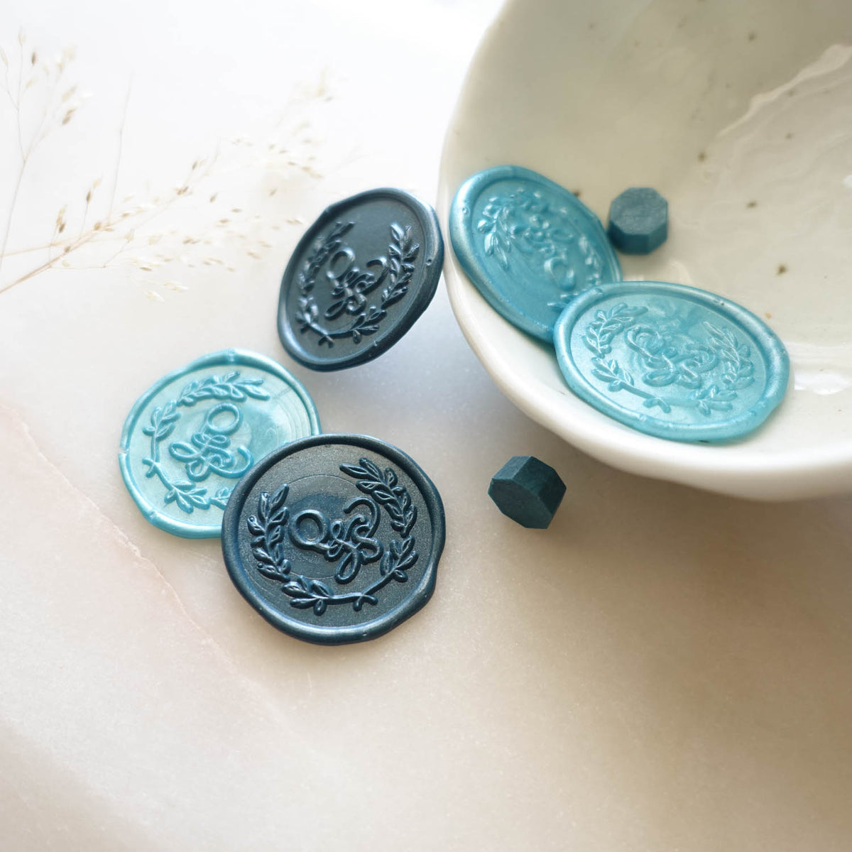 mixed sea green sealing wax with grecian leaf monogram wax seal