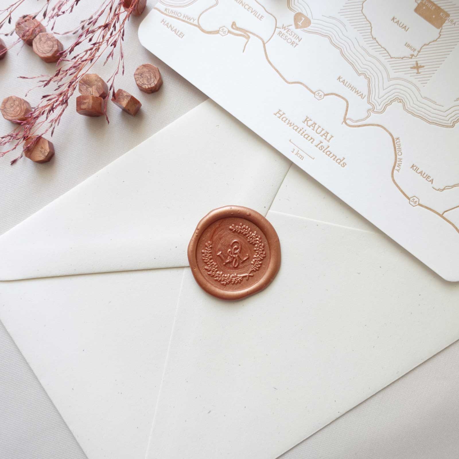button leaf wreath design a peach copper wax seal custom australia wedding