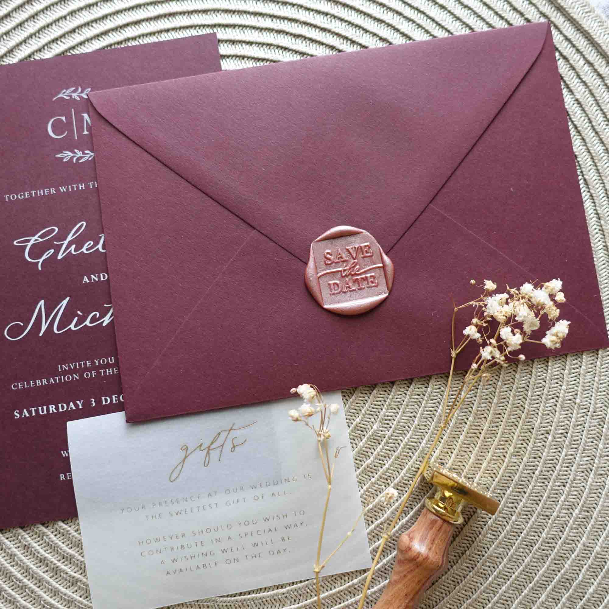 save the date wedding invitations antique rose burgundy envelope square wax seal stamp fiona ariva