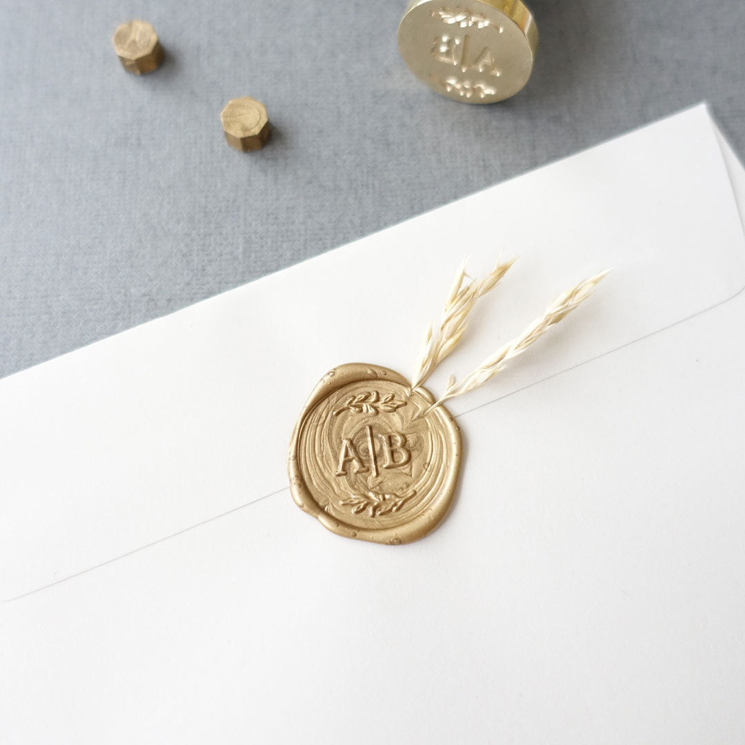 Half wreath leaves wedding monogram for custom wax seal
