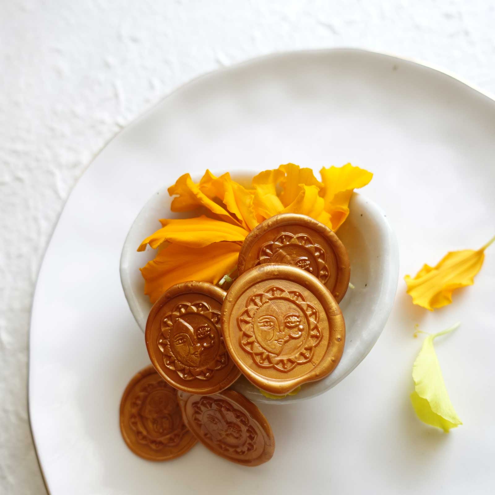 bright amber gold half sun and crescent moon wax seal stamp