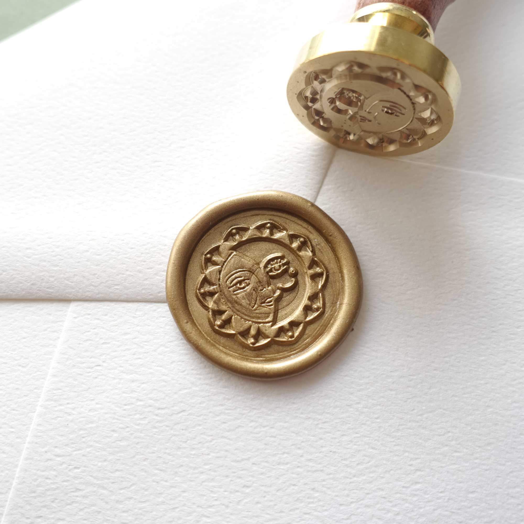 Sun and moon celestial wax sealing stamp Australia with bronze gold wax seal