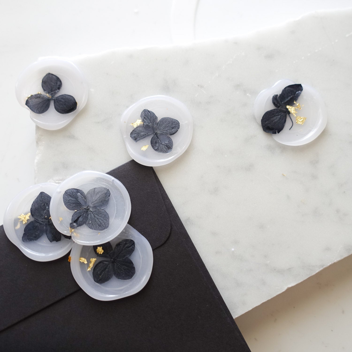 black-hydrangea-flower-petals-wax-seal-gold-leaf-fiona-ariva