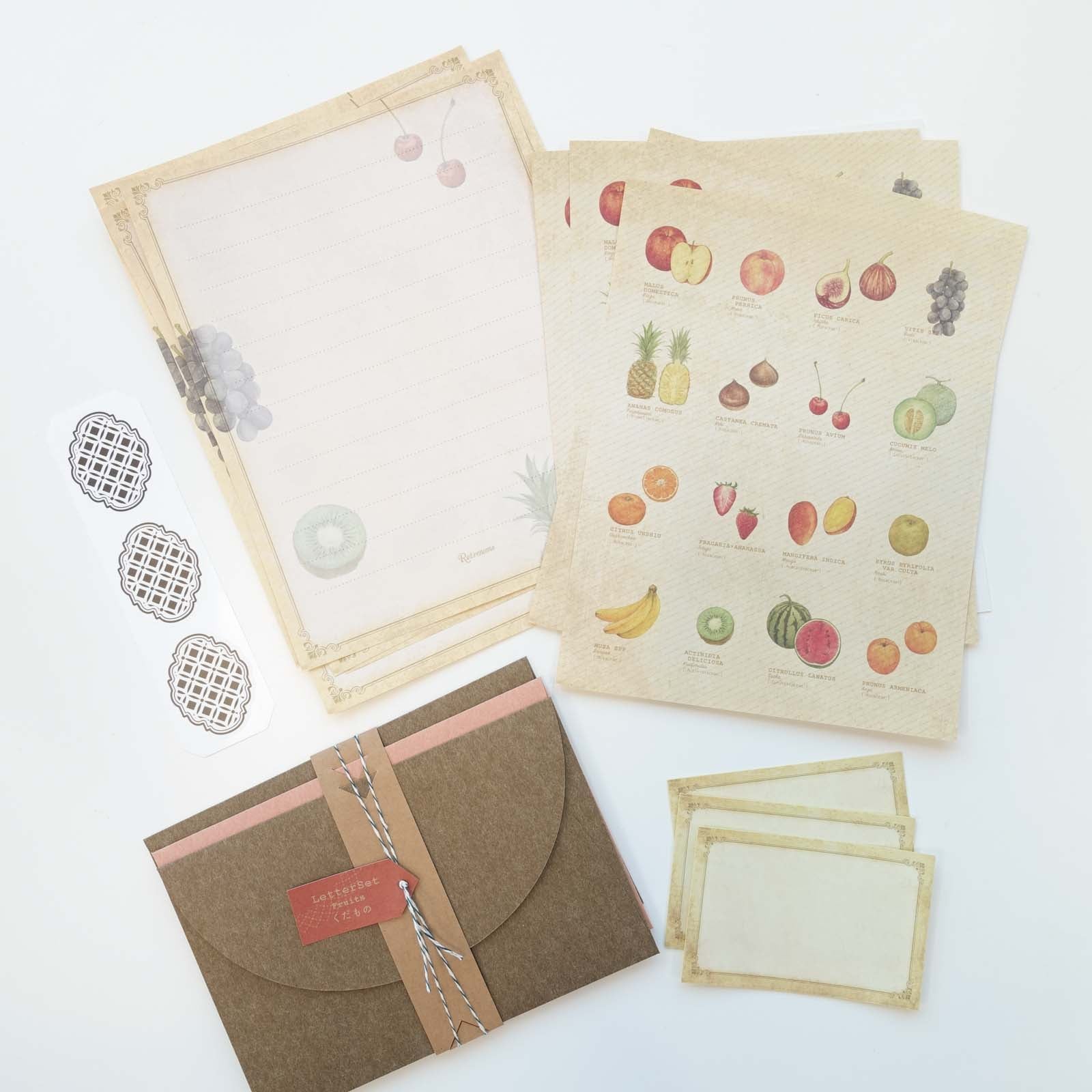 Vintage style premium, double sided, letter writing set featuring fruit illustrations