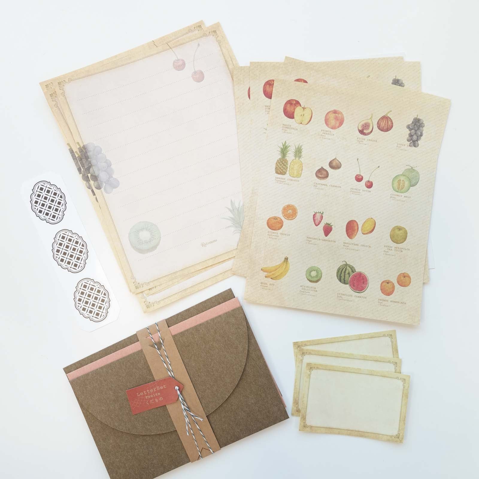 Vintage style premium, double sided, letter writing set featuring fruit illustrations