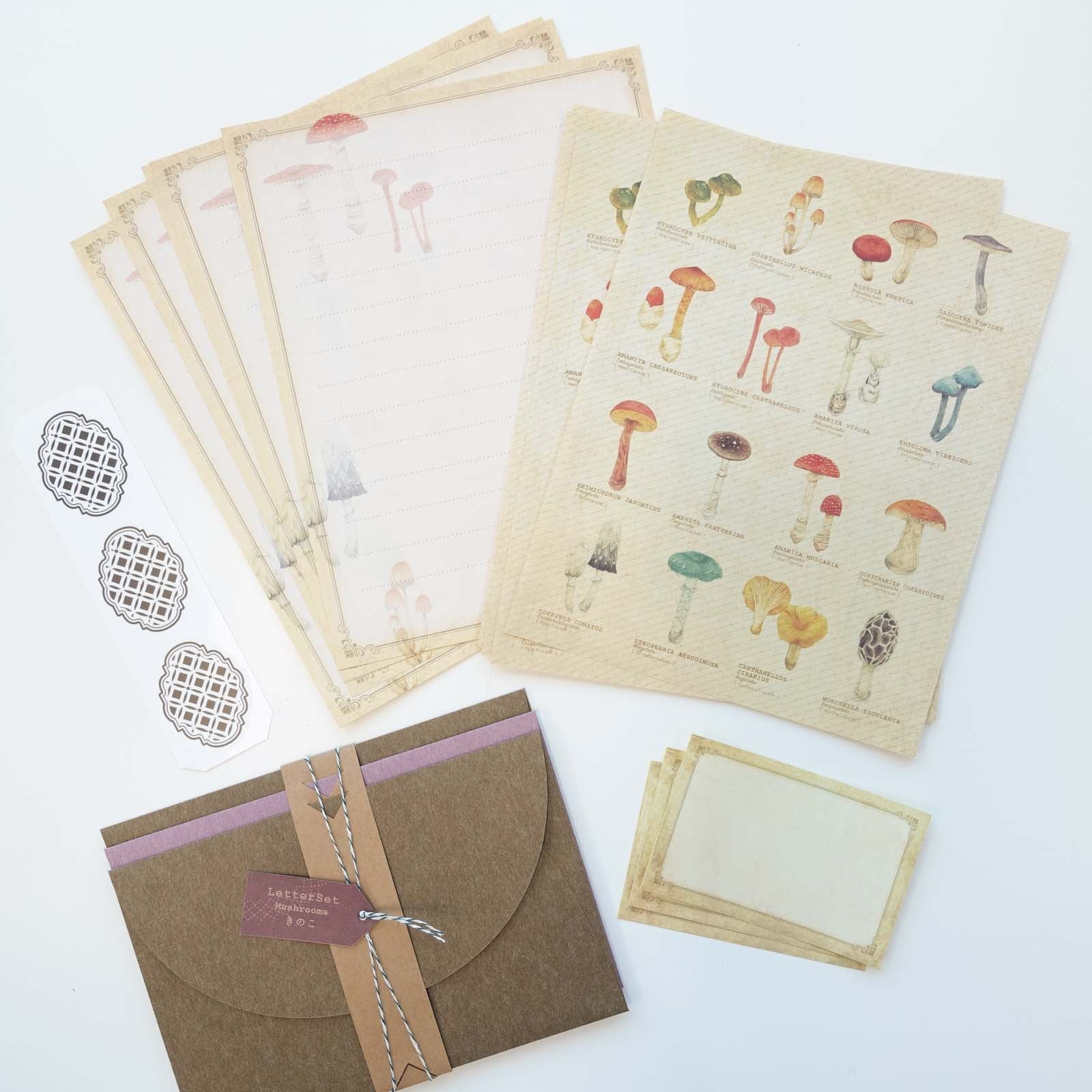 Vintage style premium, double sided, letter writing set featuring mushroom illustrations
