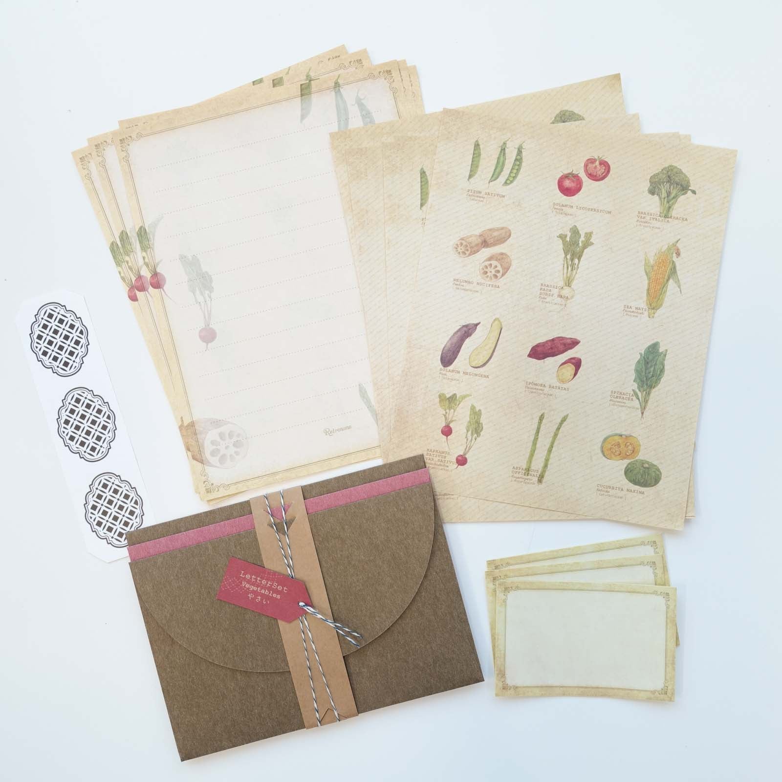 Vintage style premium, double sided, letter writing set featuring vegetable illustrations