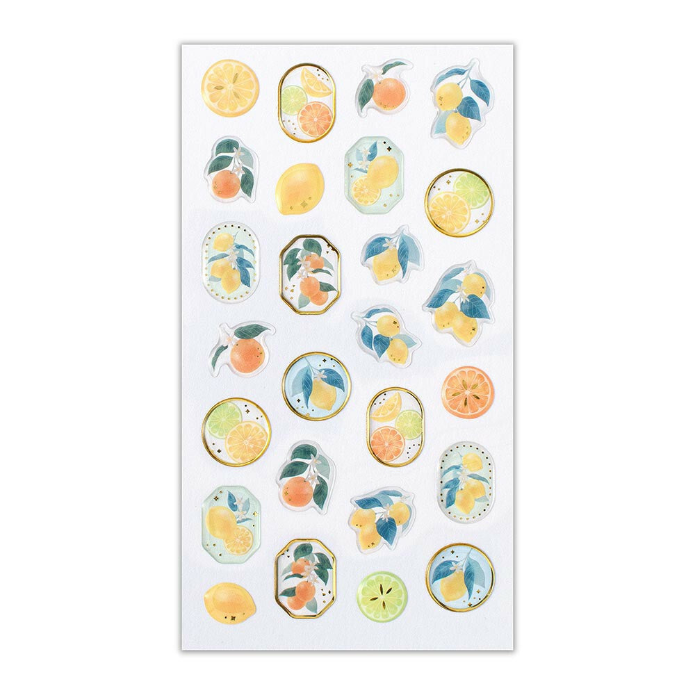 Lemon Orange Lime Juicy Fruit Gold Foil 3D Puffy Stickers Sheet