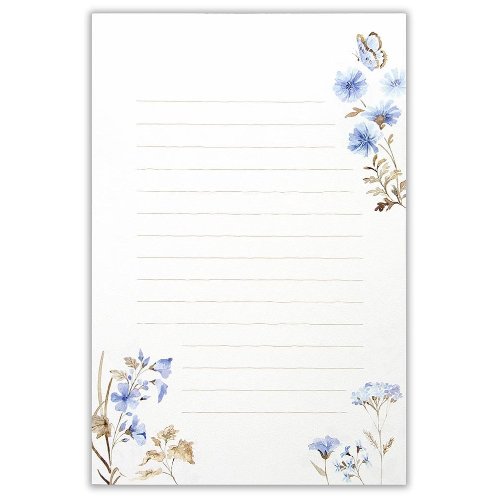 Letter Writing Pad Paper - Butterfly & Blue Flowers - Watercolour