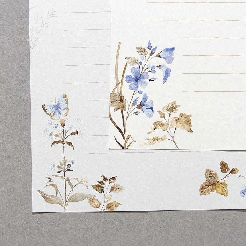 Letter Writing Pad Paper - Butterfly & Blue Flowers - Watercolour