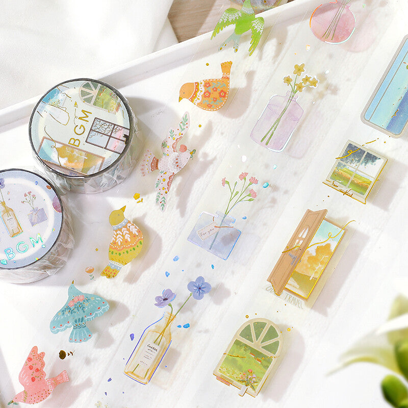 bird embroidery window scenery Flower Vase Clear Washi Tape | BGM