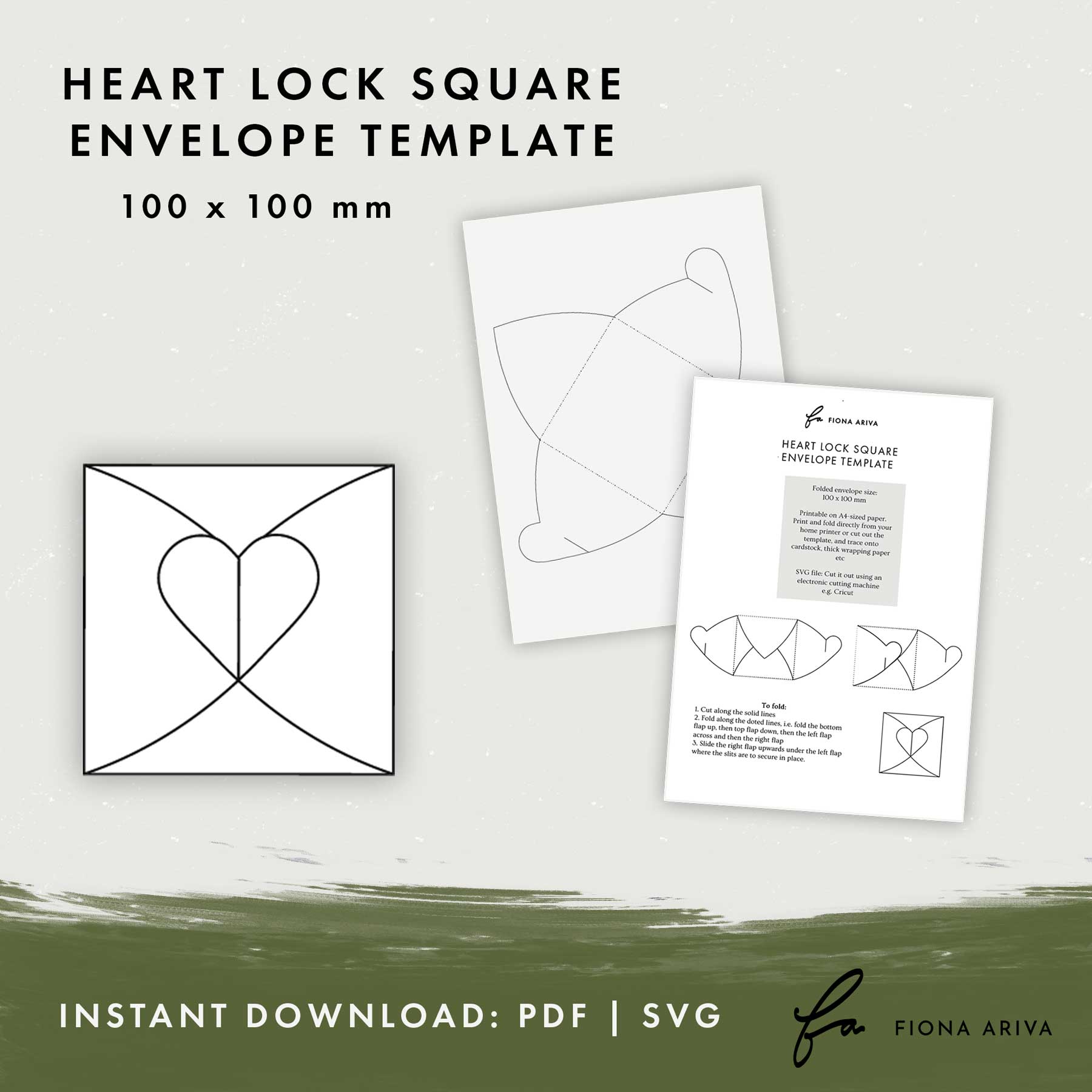 Heart Lock Square Envelope Template 100 x 100mm (Instant Download - PDF & SVG)