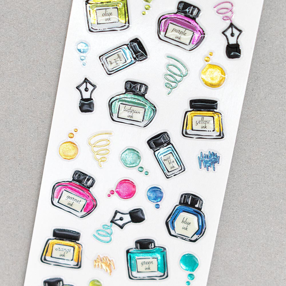 Fountain Pen Ink Coloured Bottles 3D Raised Embossed Stickers Sheet