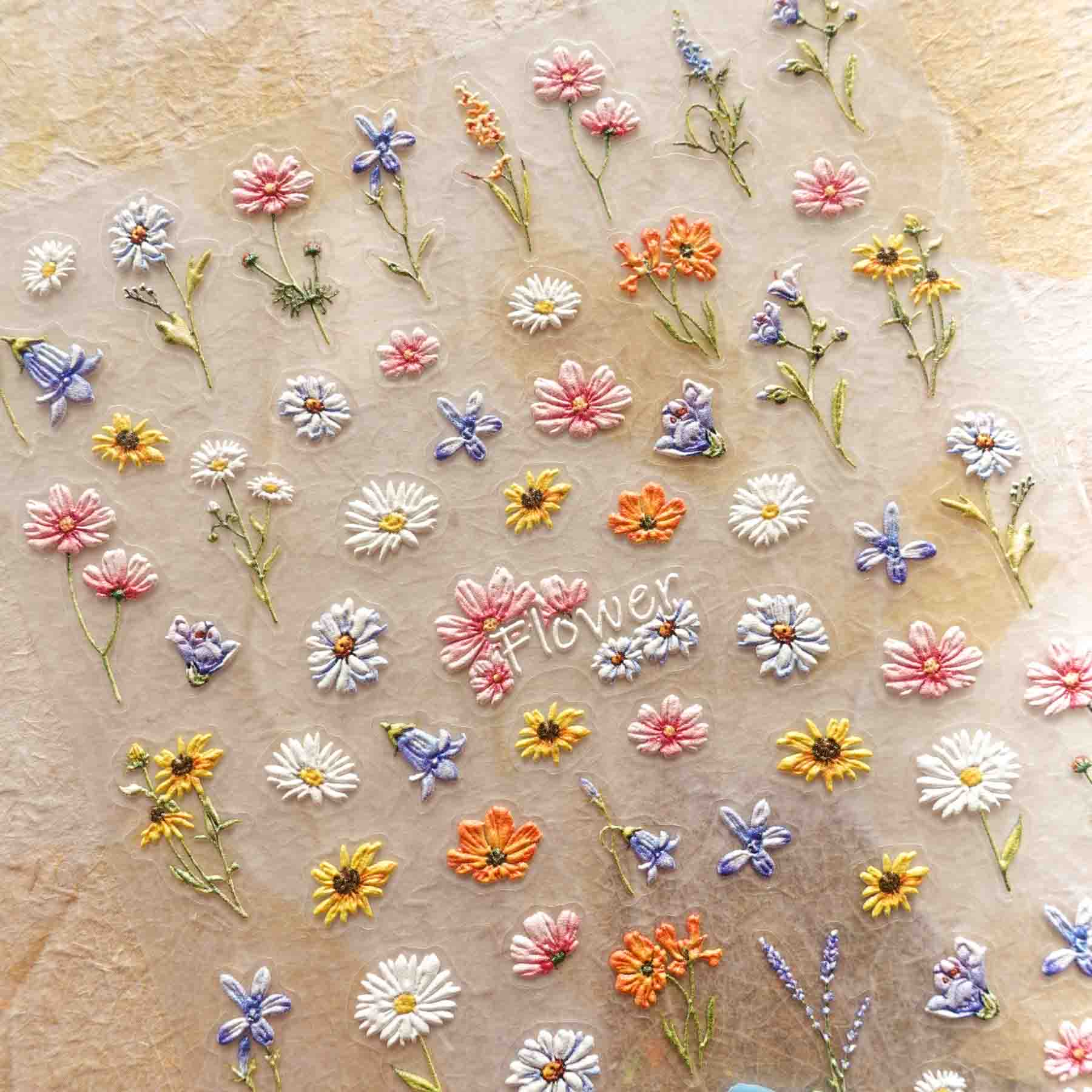 Garden Flowers Daisy Lavender 3D Clear-backed Decorative Stickers Sheet