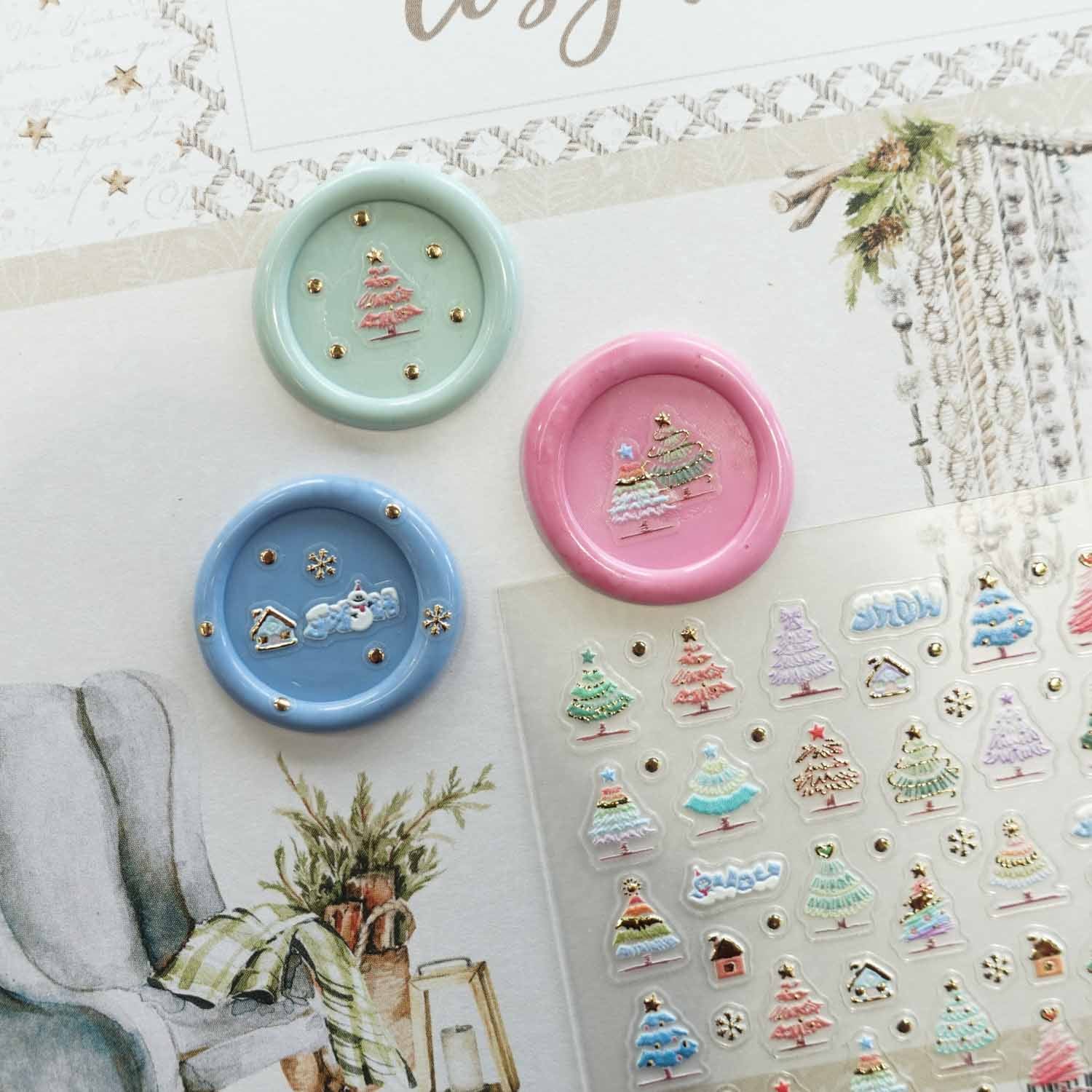 Gold & Pastel Colourful Christmas Trees 3D Clear-backed Decorative Stickers Sheet