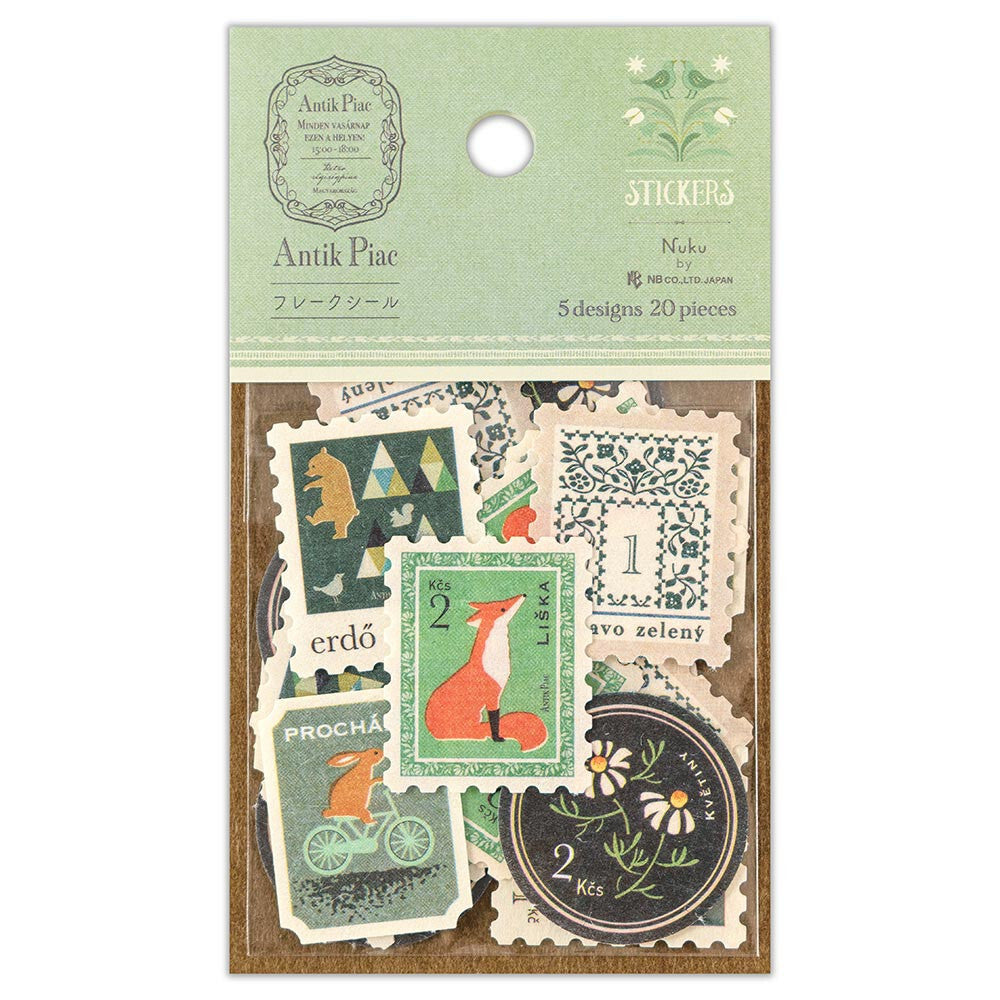 Green Fox Bear Rabbit Woodland Theme 'Fake' Postage Stamp Decorative Stickers | 'Antik Piae' Series