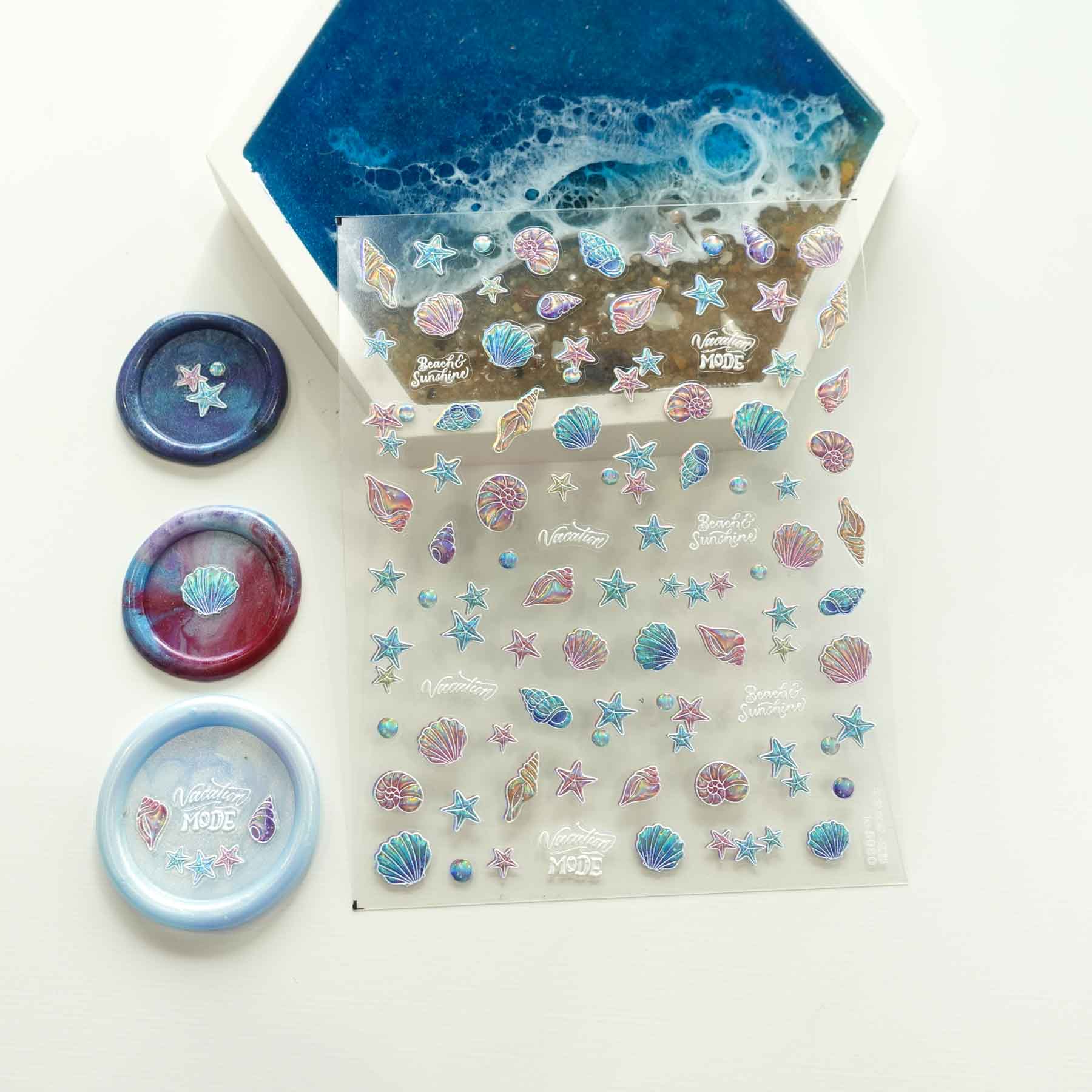 Holographic Seashells Starfish Beach 3D Clear-backed Decorative Stickers Sheet