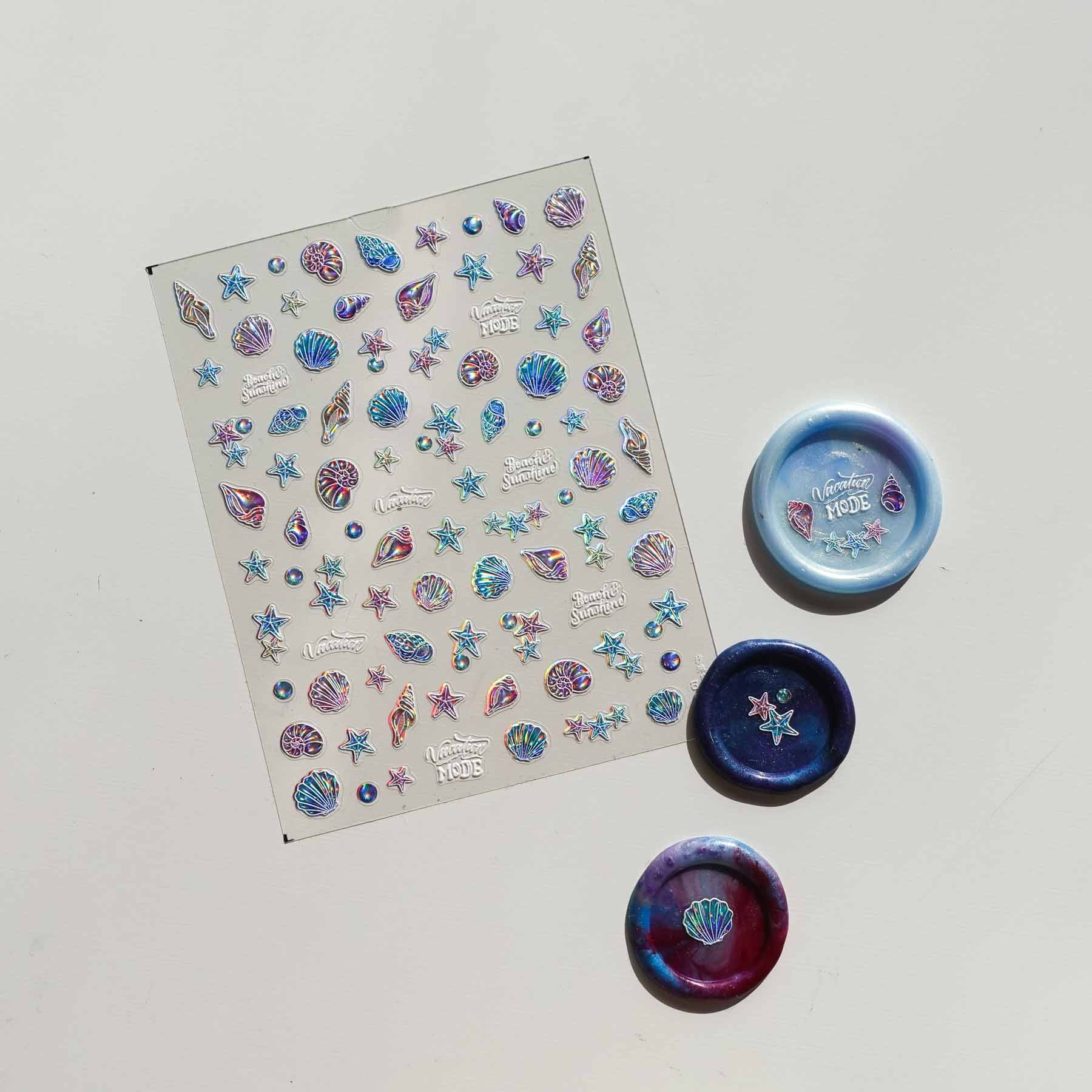 Holographic Seashells Starfish Beach 3D Clear-backed Decorative Stickers Sheet