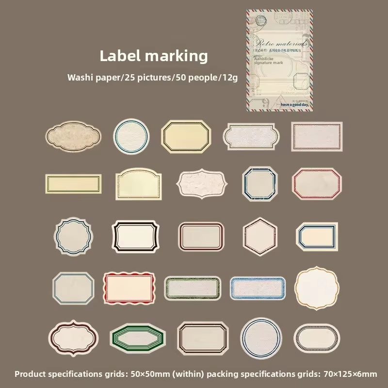 Labels Assorted Shapes Borders Colours 'Retro Materials' 50pcs Flake Stickers