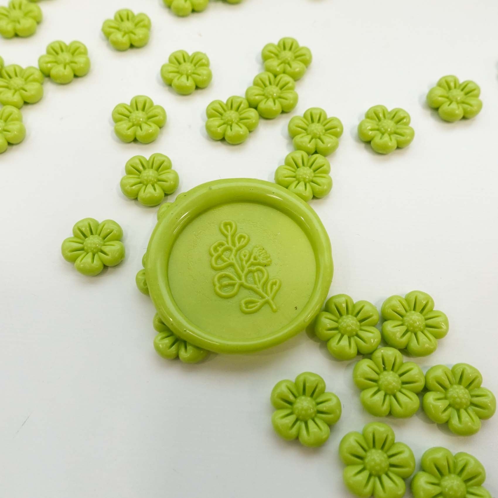 lime green bright apple green wax seal beads with eucalyptus wax seal stamp design