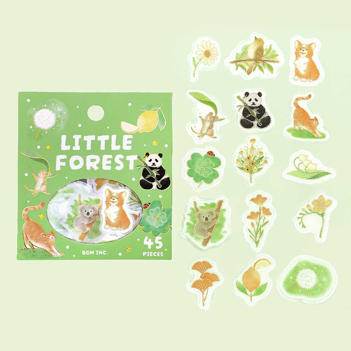 Green Mouse Panda Bird Koala Ginkgo Cat Corgi | 'Little Forest' | Planner Flake Stickers | BGM 