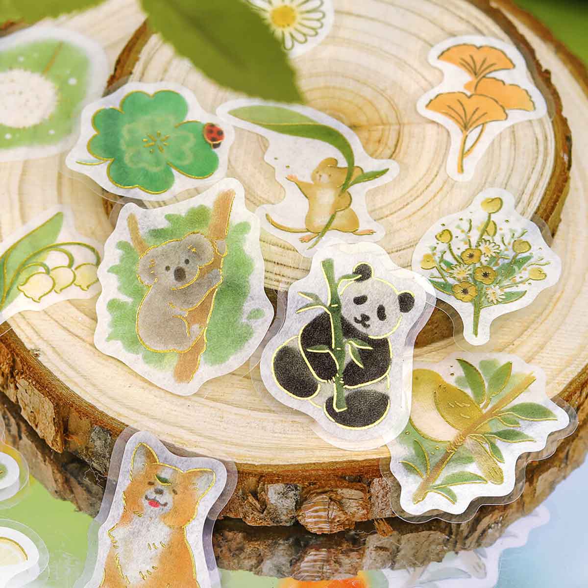 Green Mouse Panda Bird Koala Ginkgo Cat Corgi | 'Little Forest' | Planner Flake Stickers | BGM 