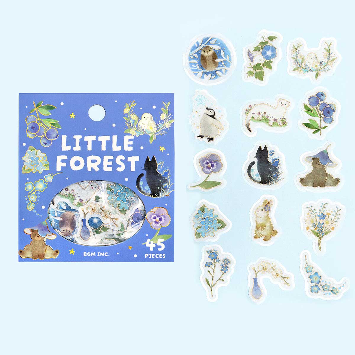 Blue Cat Owl Penguin Otter Rabbit Bear Flowers | 'Little Forest' | Planner Flake Stickers | BGM 