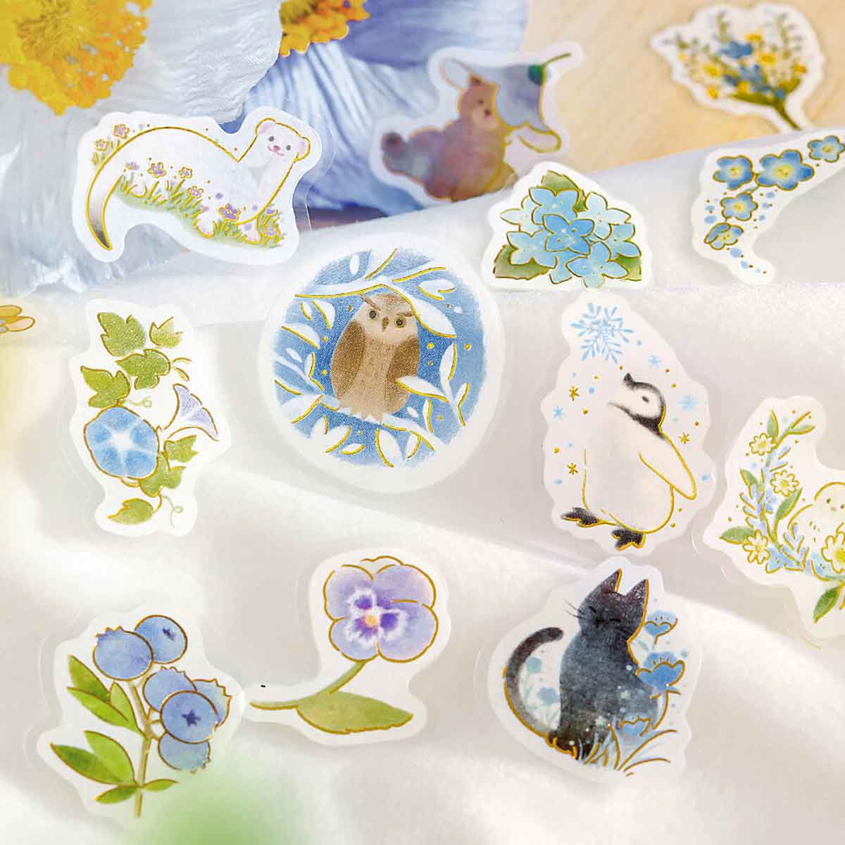 Blue Cat Owl Penguin Otter Rabbit Bear Flowers | 'Little Forest' | Planner Flake Stickers | BGM 