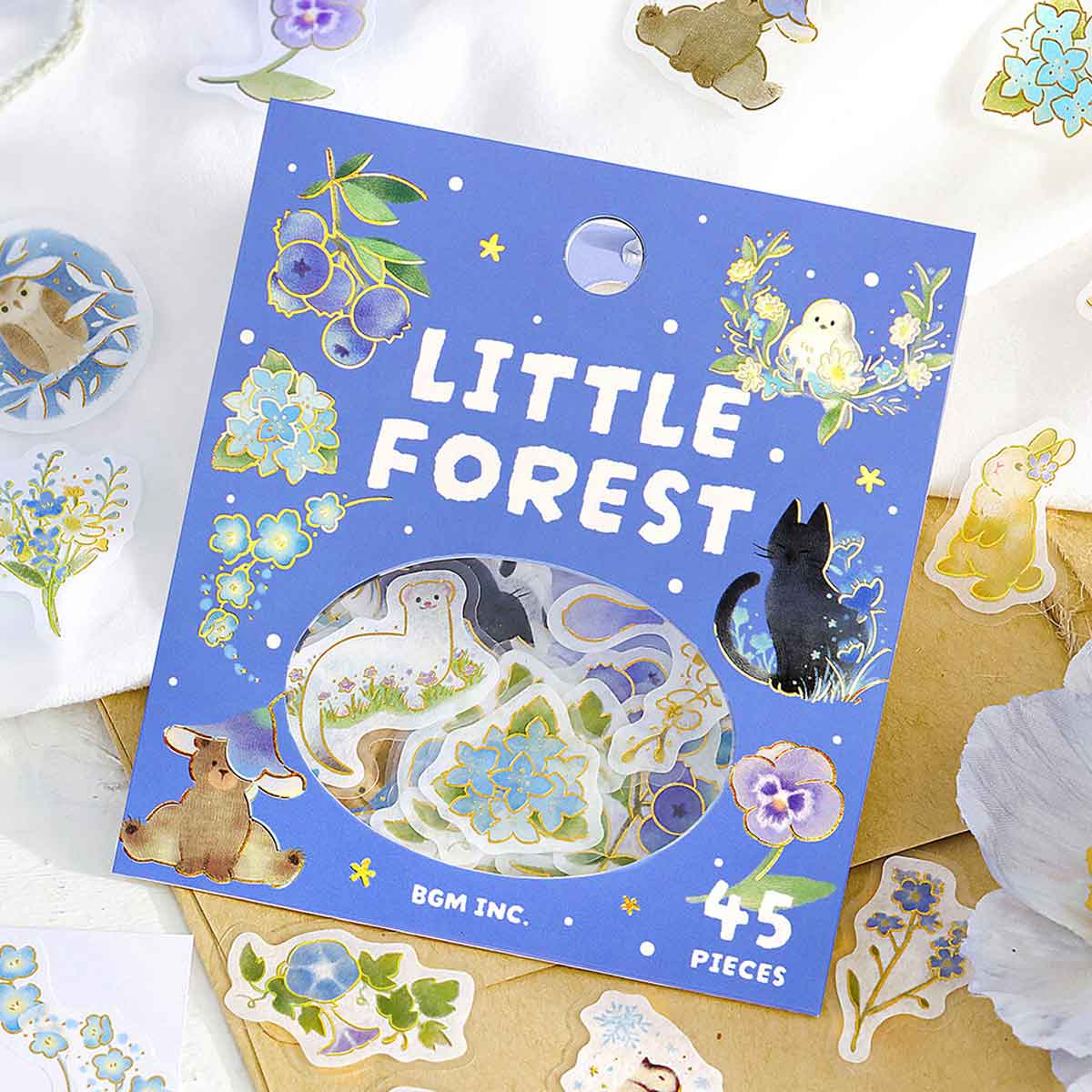 Blue Cat Owl Penguin Otter Rabbit Bear Flowers | 'Little Forest' | Planner Flake Stickers | BGM (Copy)