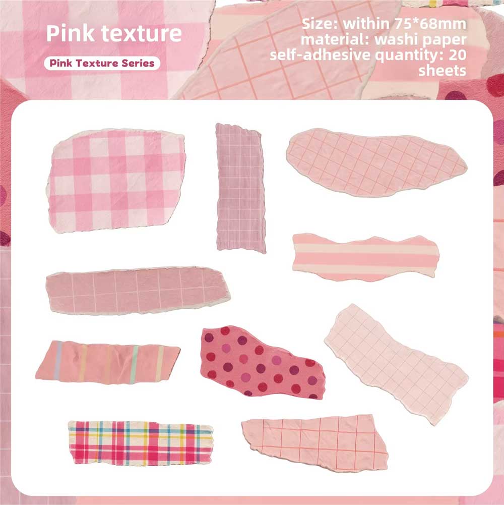 Pink Torn Scrap Patterned Washi Paper Flake Stickers 'Retro Story'