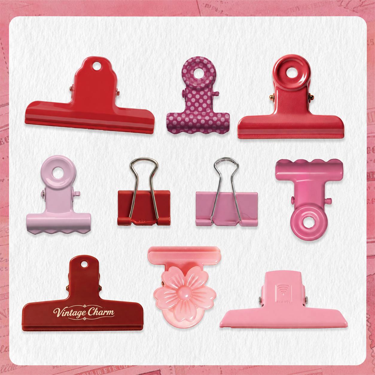 Pink Assorted Bulldog Clips 'Vintage Clips Set' Flake Stickers