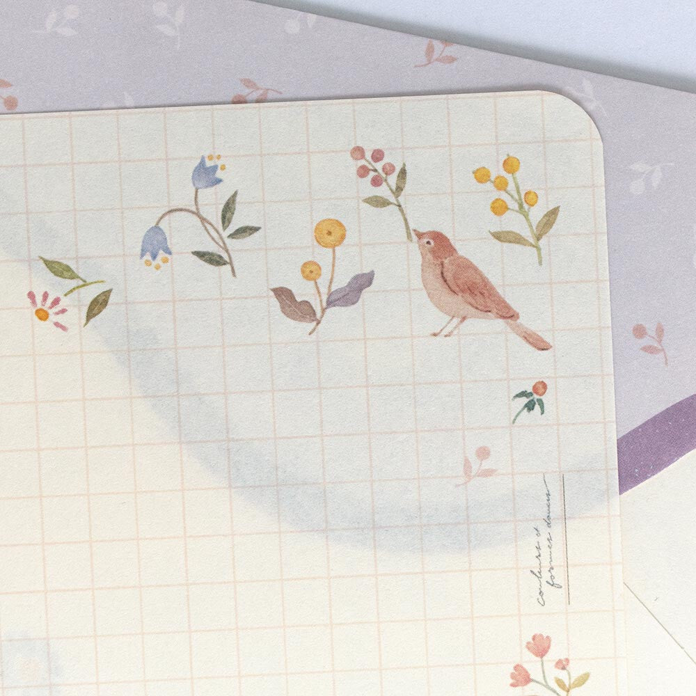 Purple Flower Garden & Bird | 'Awairo' Series | Letter Writing Set
