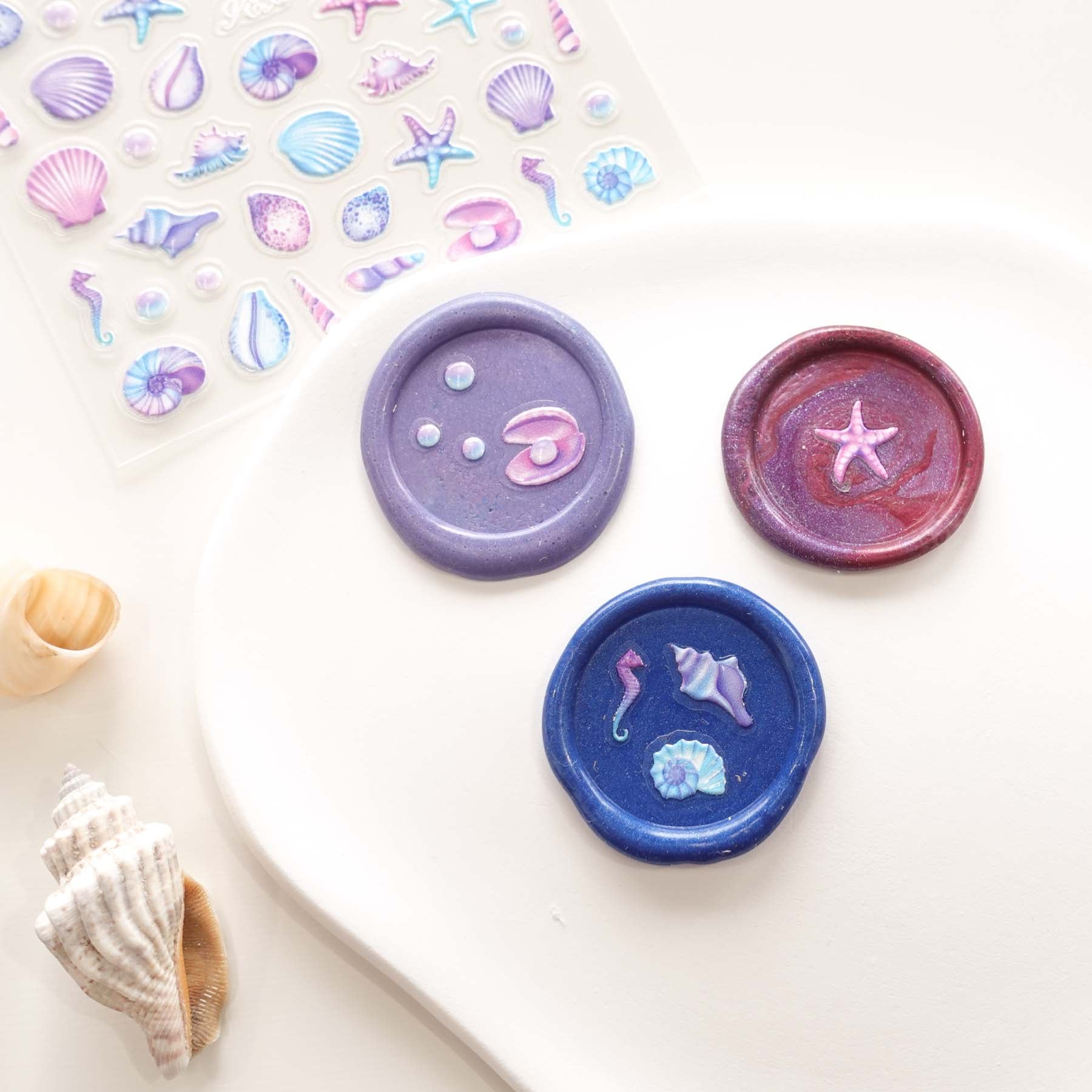 Purple & Blue Seashells Seahorse Starfish 3D Clear-backed Decorative Stickers Sheet
