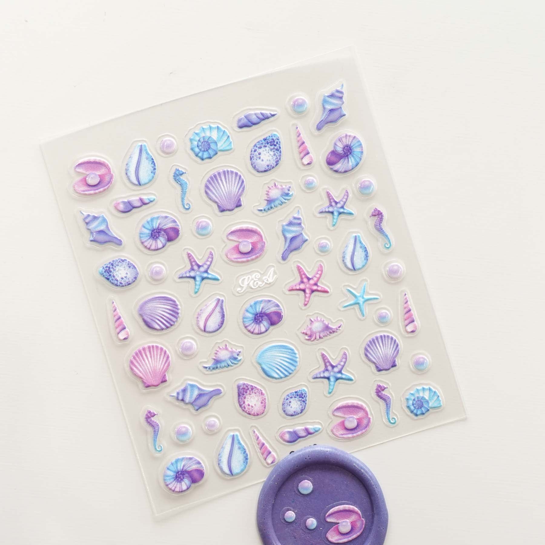 Purple & Blue Seashells Seahorse Starfish 3D Clear-backed Decorative Stickers Sheet