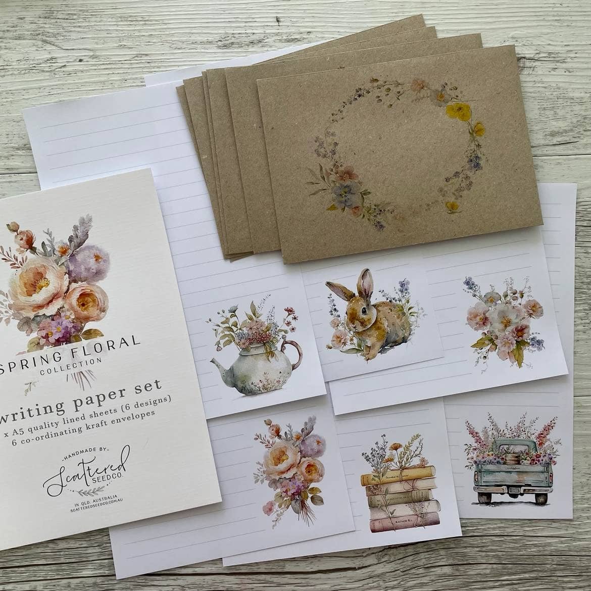 Spring Florals Books Bunny Rabbit Teapot Letter Writing Set