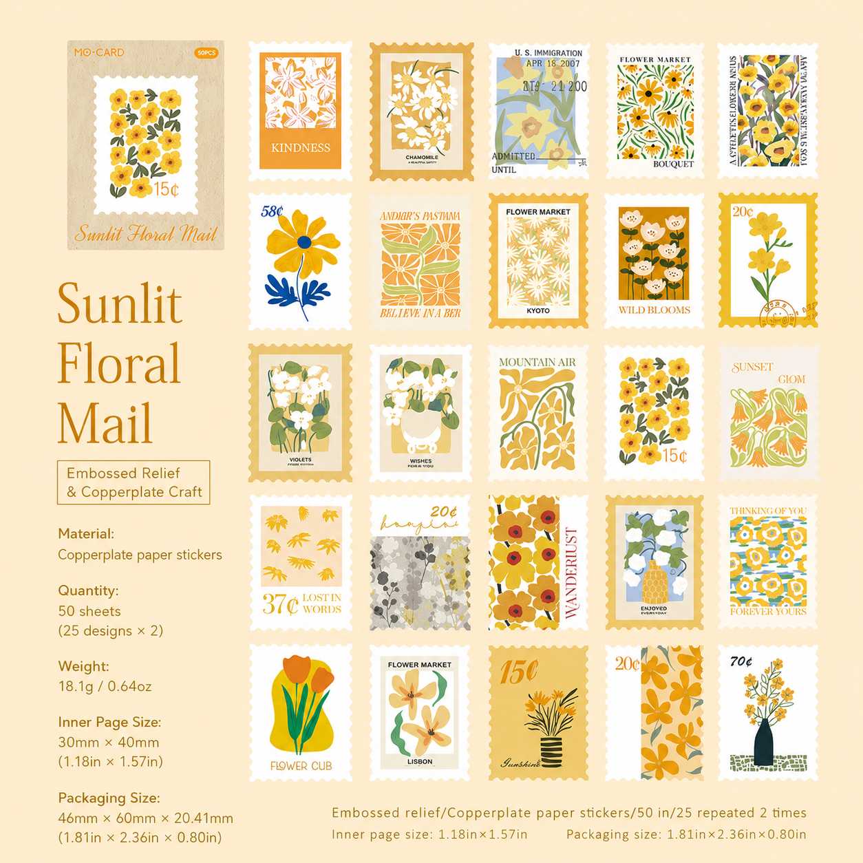 Sunlit Floral Mail Yellow Retro Postage Stamp Style Matchbox Flake Stickers