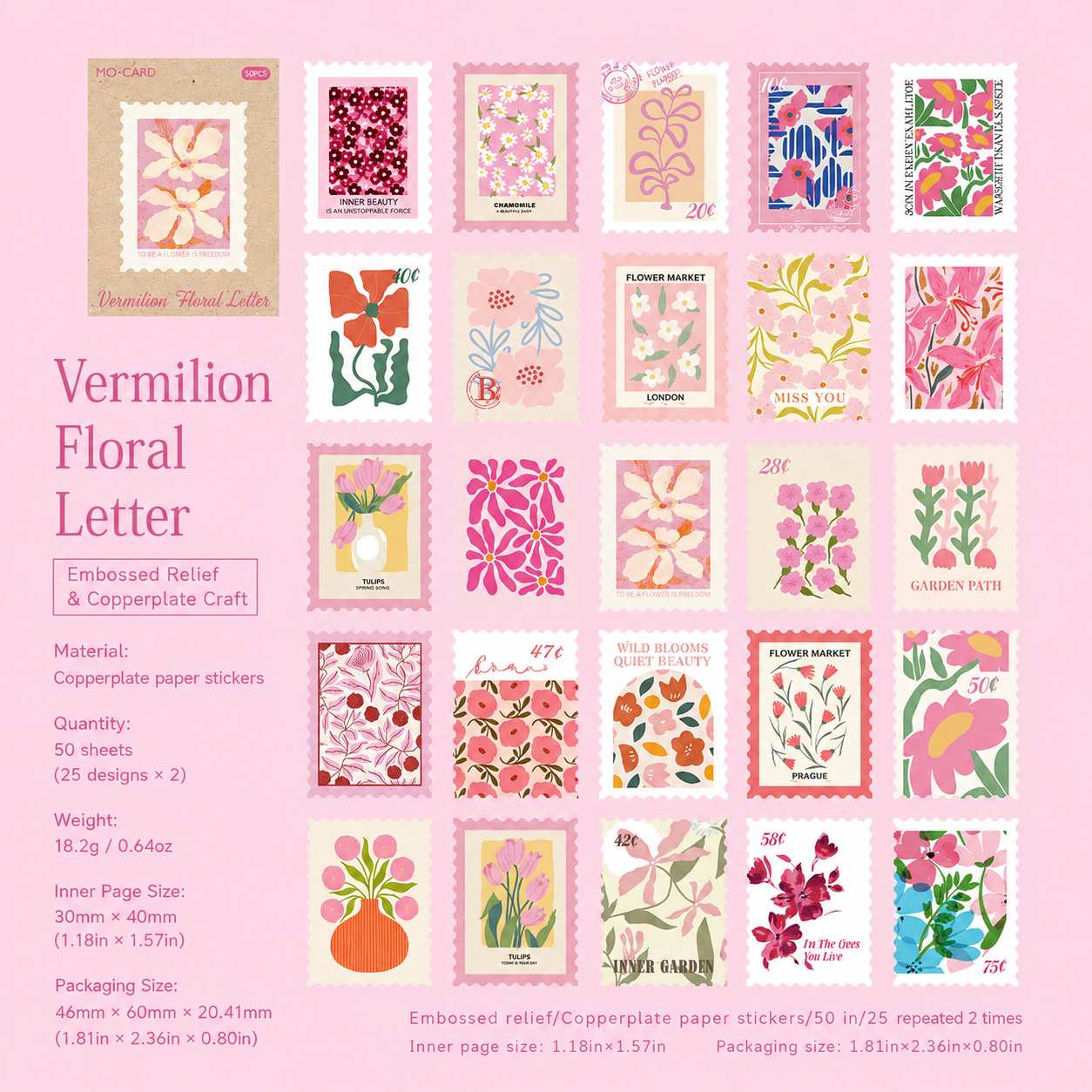 Vermilion Floral Letter Pink Retro Postage Stamp Style Matchbox Flake Stickers
